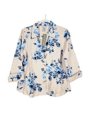 Floral & Stripe Button-Down Shirt  Multiples Size PM Blue Beige Roll-Tab Sleeves